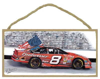 NASCAR #8 Budweiser car with American flag, crowd in bkgd. (Dale Earnhardt) 14014