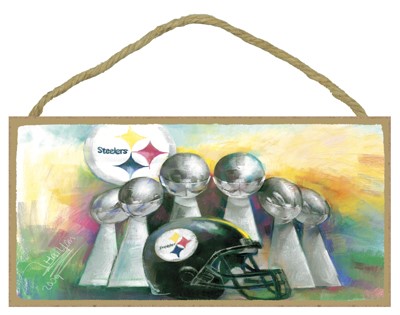Pittsburgh Steelers (helmet, logo & super bowl trophies) Wood Sign 14063