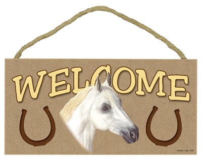 Horse - White horse with blonde mane, black nose - 5" x 10" Welcome sign fe... 33907