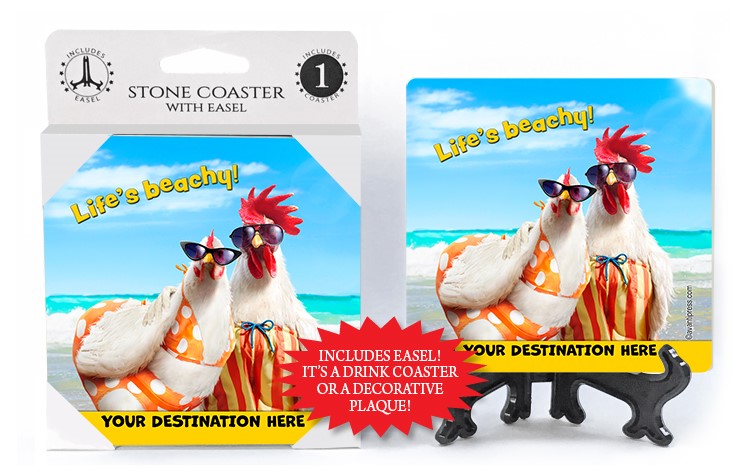 Chicken Couple on Beach - Life's Beachy! 1-pack table coaster with easel, f… 41022