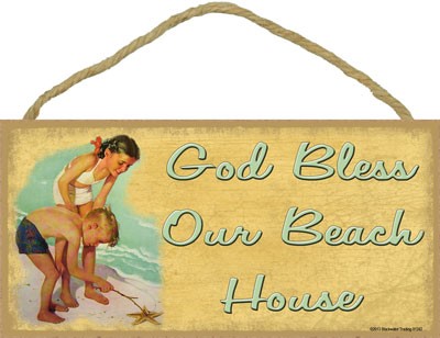 God Bless Our Beach House - kids on beach 5" x 10" wood plaque, sign - Feat… 91342