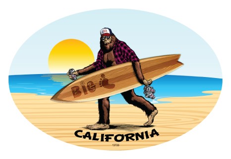 Oval destination car magnets - Bigfoot with surfboard and beer on beach wit... 12720