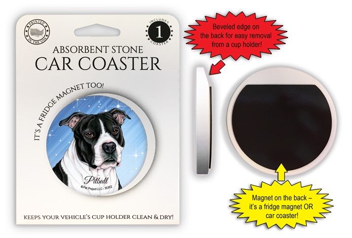 Pitbull (Black and white) 2.6" absorbent stone car coaster - it's a fridge … 35352