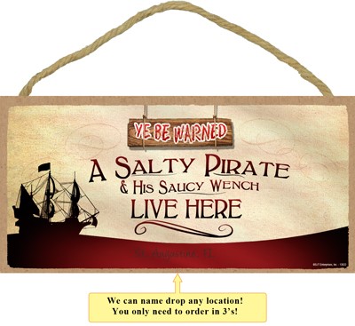 A salty pirate and his saucy wench live here 5" x 10" wood plaque, sign, in... 13522