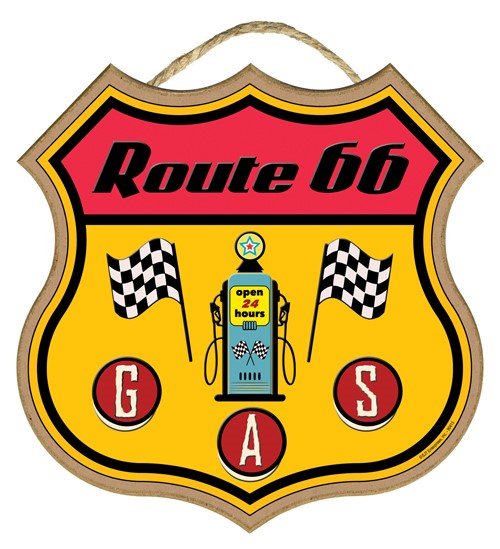 Route 66 GAS (gas pump with two checkered flags on each side) 10" wood plaq... 90413