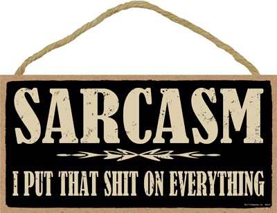 Sarcasm - I put that shit on everything  5" x 10" primitive wood plaque, sign 94918