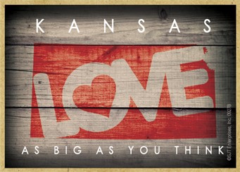 KANSAS - State Outline with "Love" and State Motto 2.5" X 3.5" primitive wo… 09278