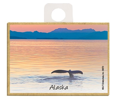 Whale Tail In Water With Blue Mountains In Background Wood Fridge Magnet 09570