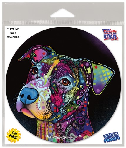 Pitbull  (ears perked) 5" round car magnet featuring the funky artwork of Dean R 86508