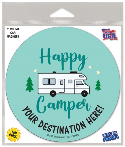 Happy camper (rv) 5" round car magnet that can be name dropped with your destina 38483