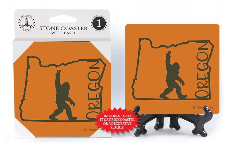 Oregon - Bigfoot silhouette giving peace sign inside state shape - Orange bkgd 1 46320