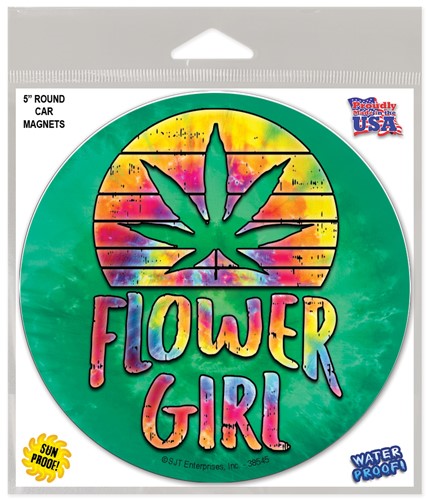 Flower Girl - Marijuana leaf in sunset weed themed 5" round car magnet in retail 38545