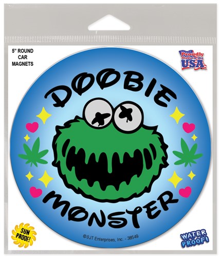Doobie Monster - (cookie monster face) weed themed 5" round car magnet in retail 38549