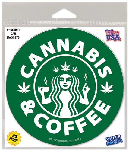 Cannabis & Coffee - green and white coffee store logo weed themed 5" round car m 38551