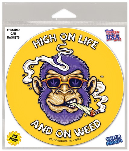 High on Life and on Weed - Purple monkey face smoking weed themed 5" round car m 38555