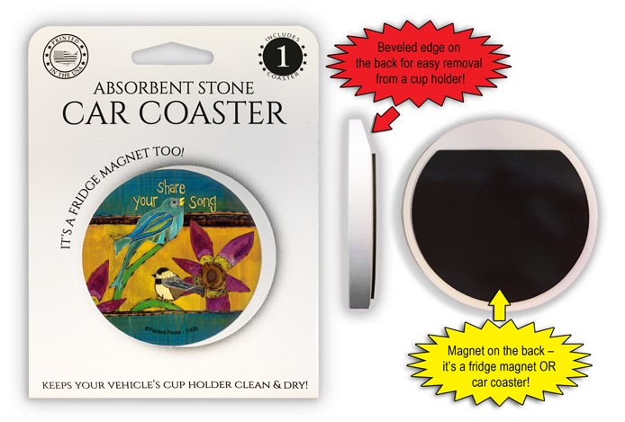 Share your song  blue bird and chickadee  1-pack stone car coaster with magnet / 11435