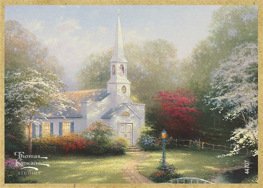 Hometown Chapel wood fridge magnet featuring the artwork of Thomas Kinkade 44707