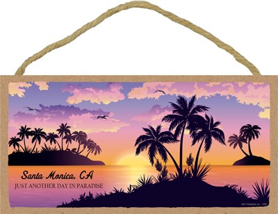 Just another day in paradise - beach, palms and sunset scenic image wood plaque 13357