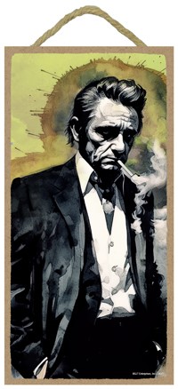 Johnny Cash - dark image, smoking in water color artwork design, 5" x 10" wood p 14371