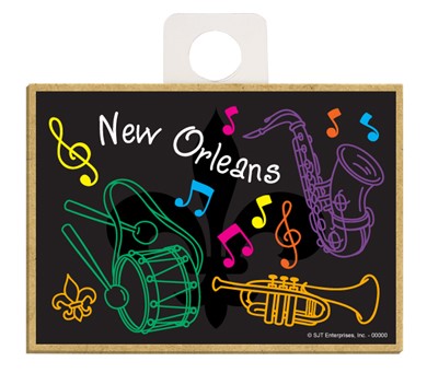 "New Orleans"  - Black bkgd with saxophone, trumpet, drum and music notes 09134