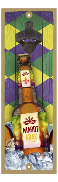 NOLA - Beer bottle on ice - Mardi Gras label - Purple, yellow and green bkgd 350003