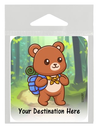 Cute teddy bear with backpack on, in woods small 2.3" x 2.6" vinyl sticker SS00257