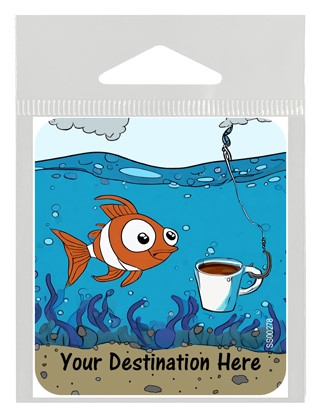 Cartoon fish looking at a coffee cup with a fishing hook attached to it small 2. SS00278