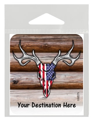 Deer skull w/American flag colors - wood log bkgd small 2.3" x 2.6" vinyl sticke SS00279
