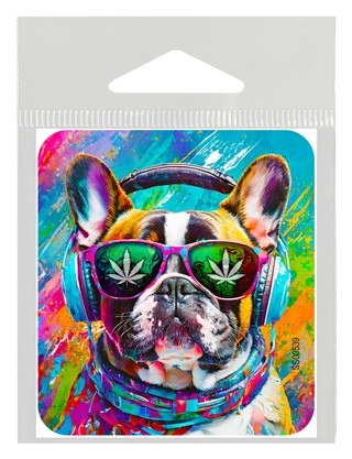 French Bulldog wearing weed sunglasses and headphones - painting weed stickers. SS00539