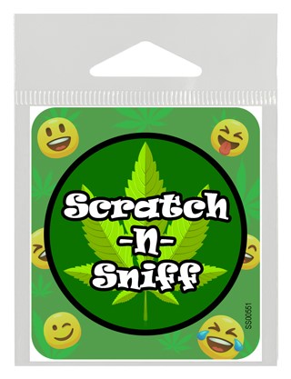 Scratch -n- Sniff - laughing emojis and weed in bkgd weed sticker. SS00551