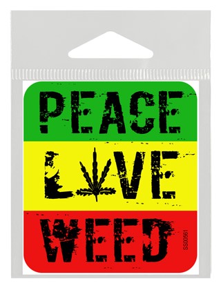 Peace, Love, Weed.  - Green, Yellow and Red bkgd weed sticker. SS00561