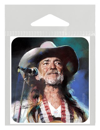 Willie Nelson with cowboy hat, microphone, and guitar small sticker. SS00739