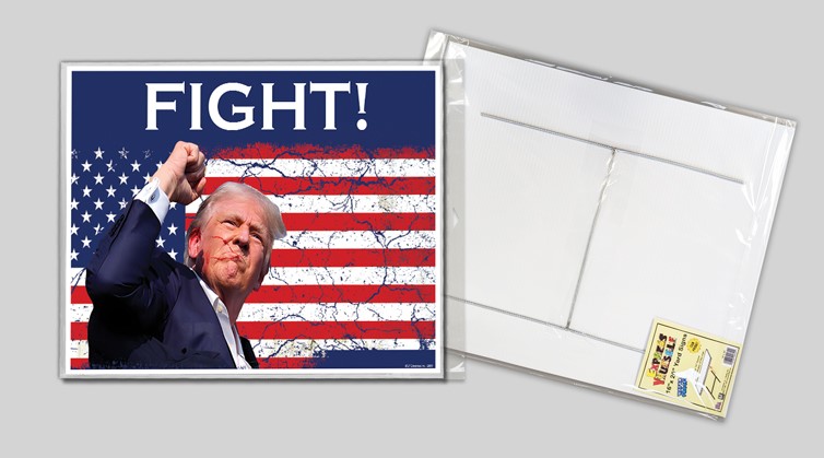 Trump - FIGHT! Bloody faced Trump w/fist in air and cracked American flag bkgd 24885