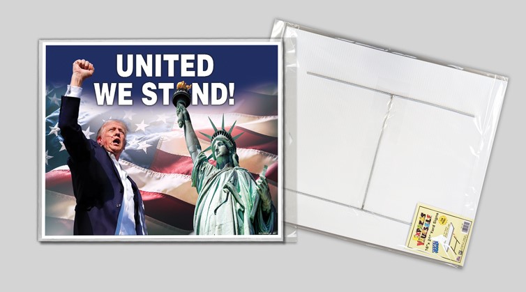 Trump - United We Stand - Trump w/fist in air next to the Statue of Liberty 24887