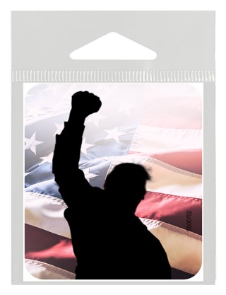 Trump fist in air silhouette - flag bkgd small sticker. SS00762