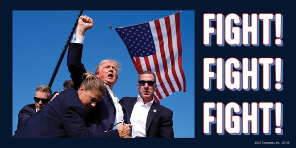 Trump - FIGHT FIGHT FIGHT  (blood on his face and fist lifted, flag in bkgd) 87118