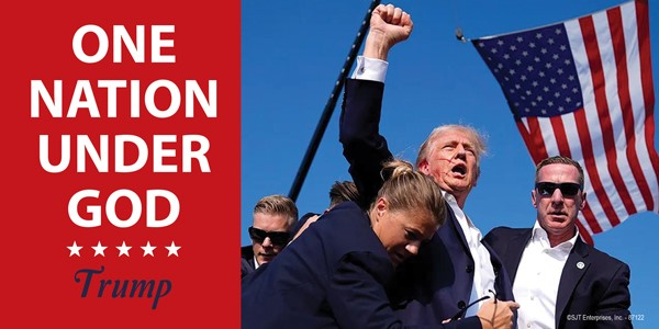 Trump - ONE NATION UNDER GOD - Trump (blood on his face and fist lifted, flag in 87122