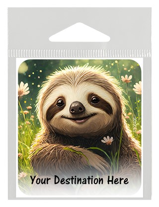 Sloth sitting and smiling in a flowery field small sticker. SS00406