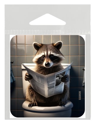 Raccoon - sitting on the toilet reading newspaper vinyl sticker SS00935