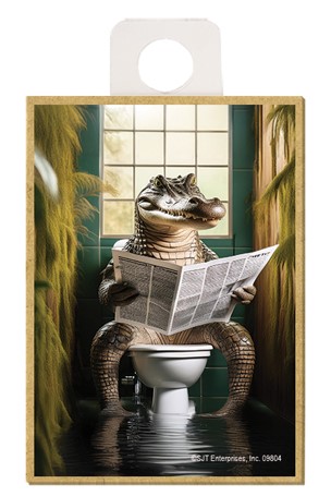Alligator - sitting on the toilet reading a newspaper / wood fridge magnet 09804